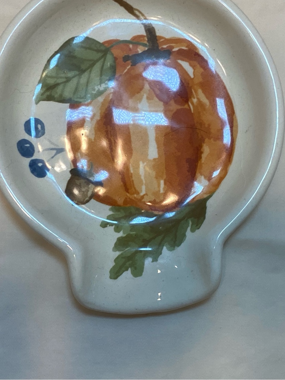 Mud Pie Orange Pumpkin Ceramic Spoon Rest with Green Leaf Accent